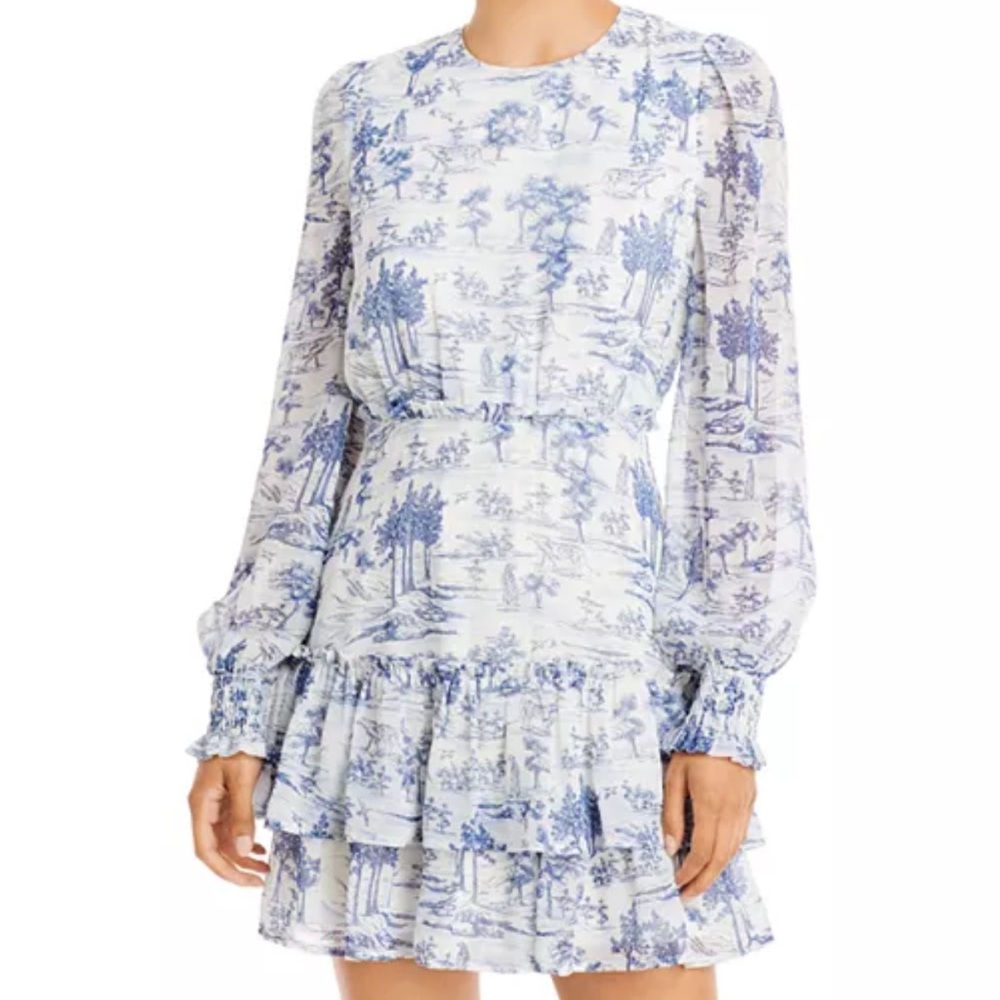Aqua Blue and White Toile Ruffled Tiered Sundress from Bloomingdale’s NWT